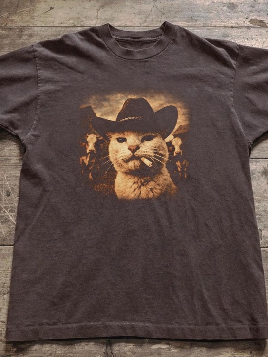 Gildan Tops - Cat Cowboy Graphic T-Shirt in Dark Brown